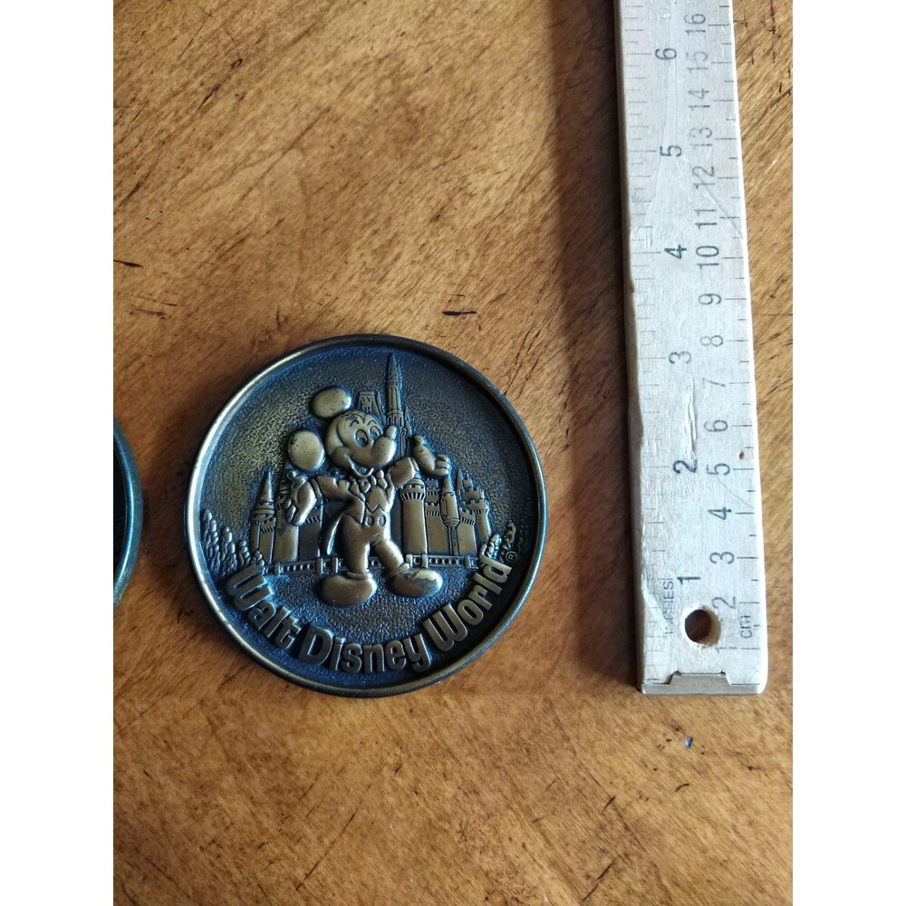 Vintage Set Lot 2 Bronze Walt Disney World Mickey Mouse Coasters Canada 3.25"Dia - Picture 3 of 13